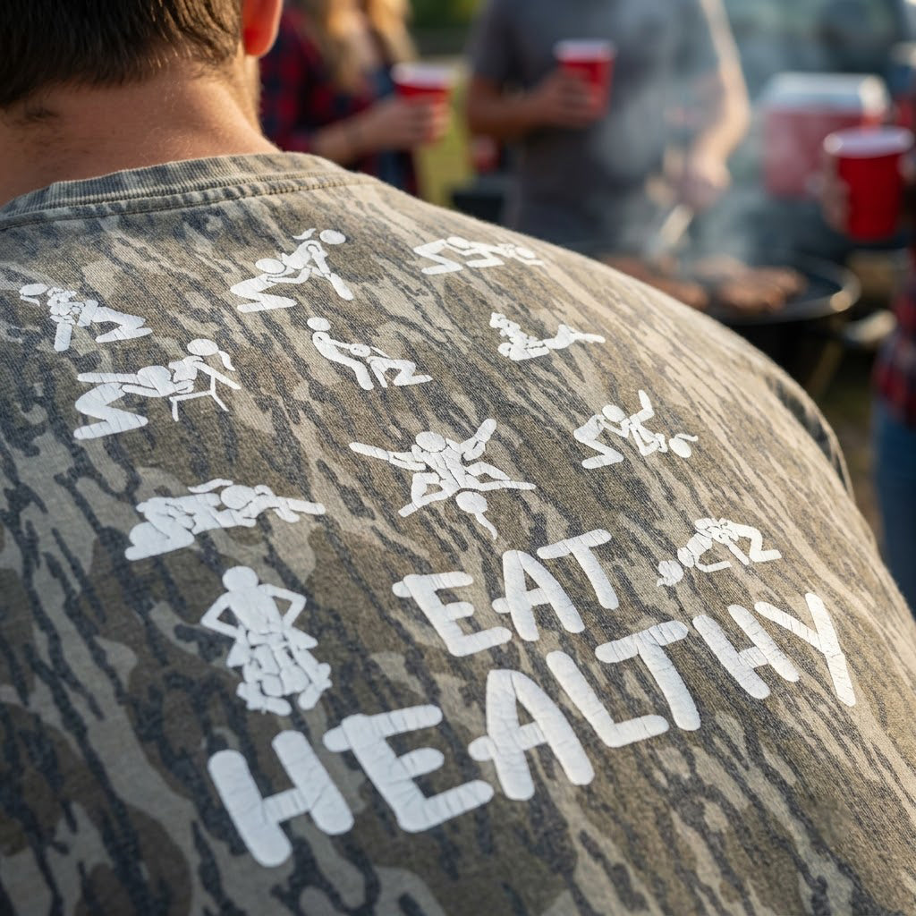 "Eat Healthy" Multiple Stick Figures NSFW Camo Graphic T-Shirt