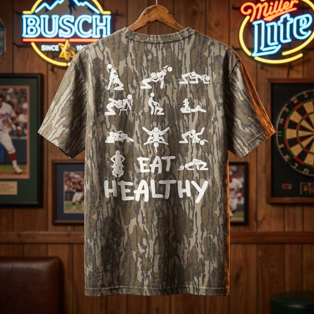 "Eat Healthy" Multiple Stick Figures NSFW Camo Graphic T-Shirt