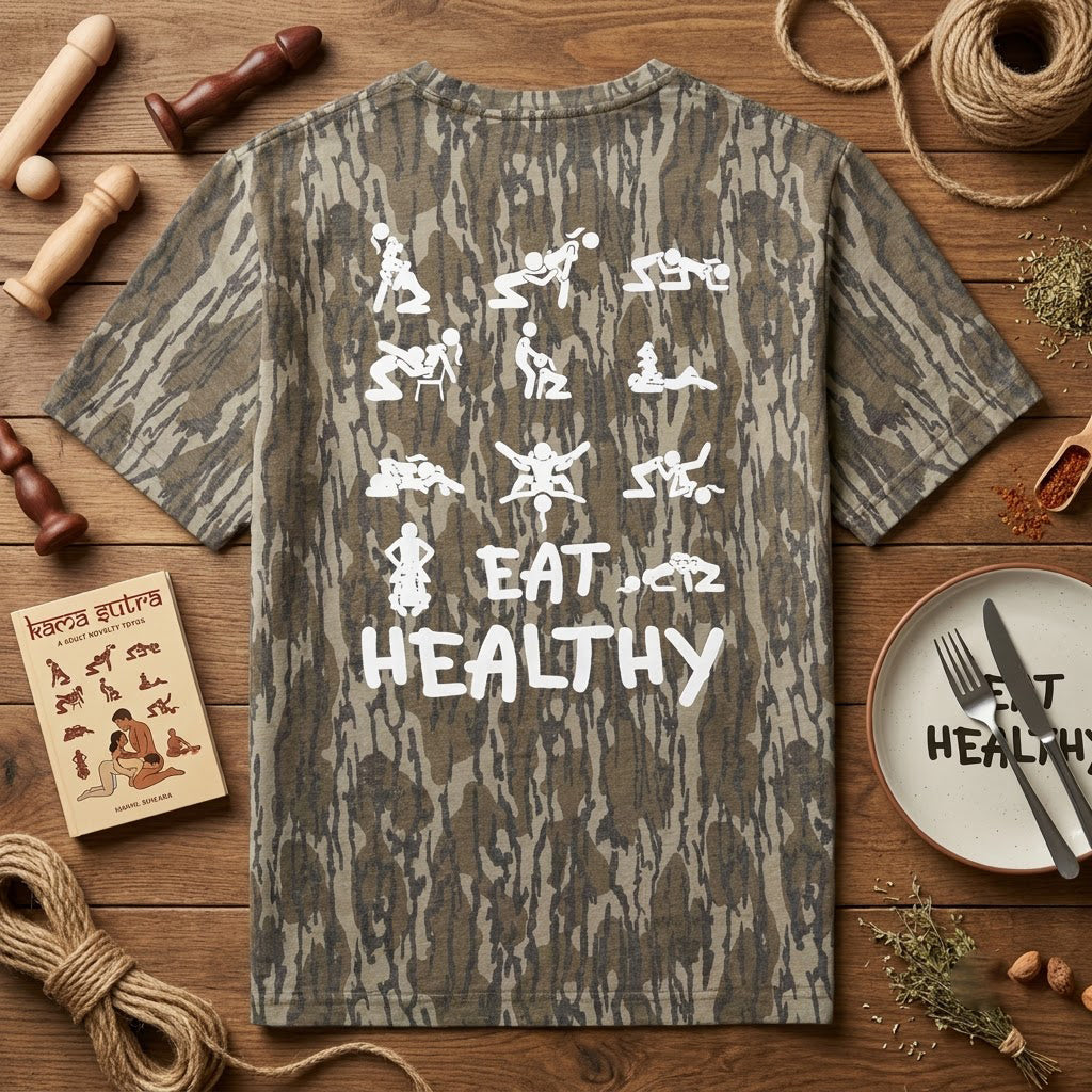 "Eat Healthy" Multiple Stick Figures NSFW Camo Graphic T-Shirt