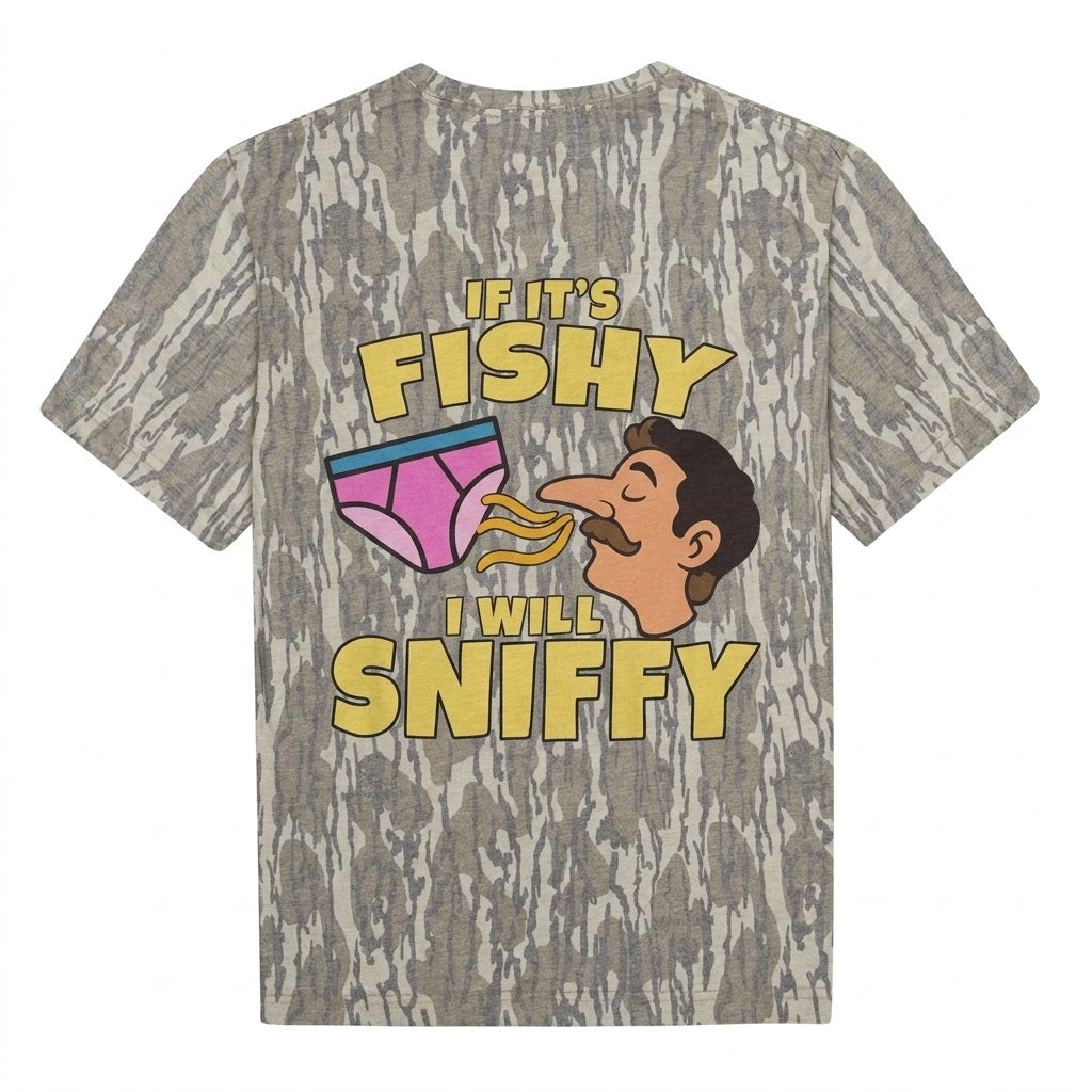 "If It's Fishy I Will Sniffy" Funny Retro Humor Camo T-Shirt