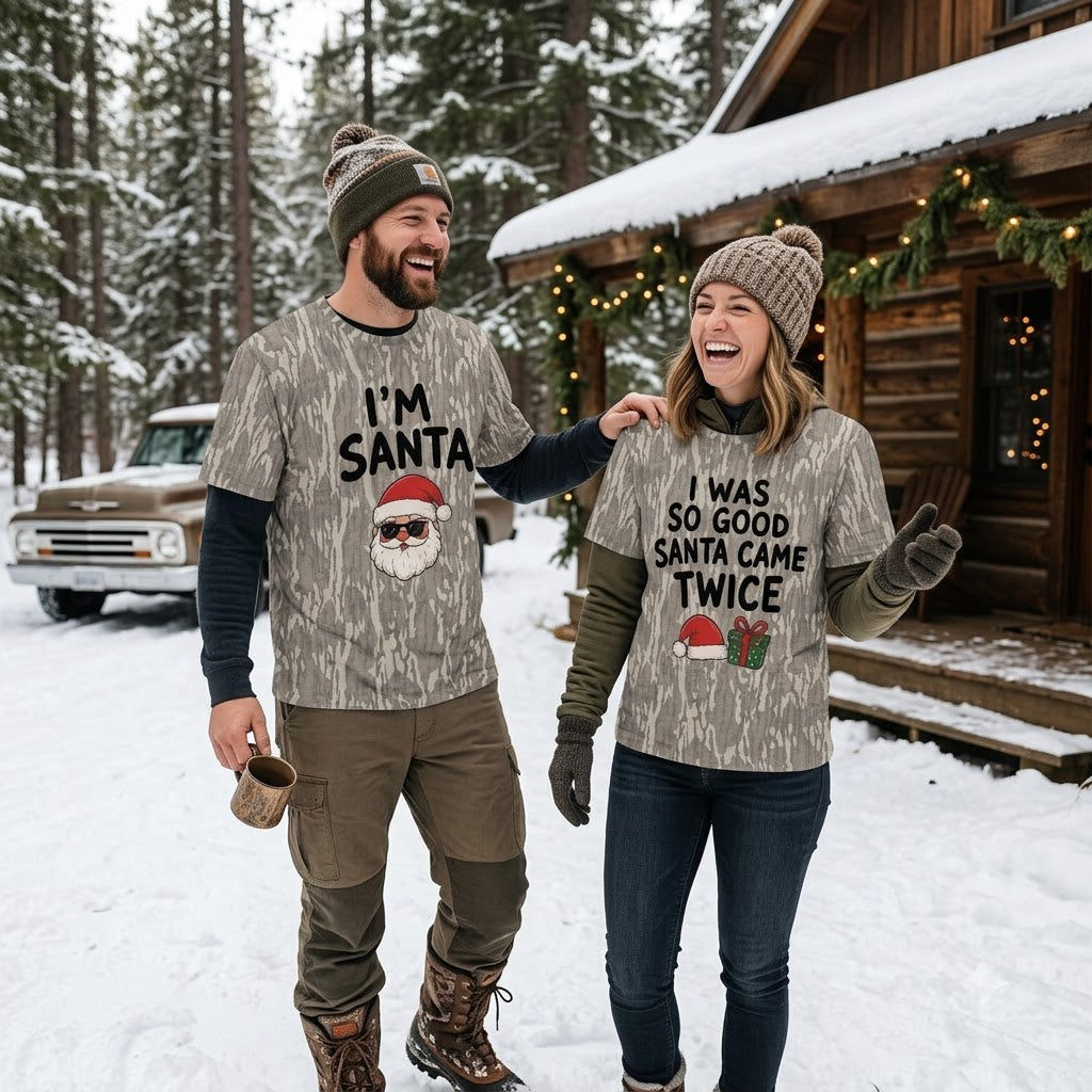 Funny "I Was So Good Santa Came Twice" Couples Christmas Camo T-Shirts