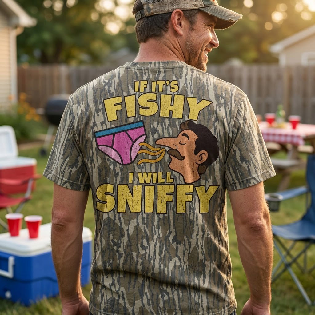 "If It's Fishy I Will Sniffy" Funny Retro Humor Camo T-Shirt