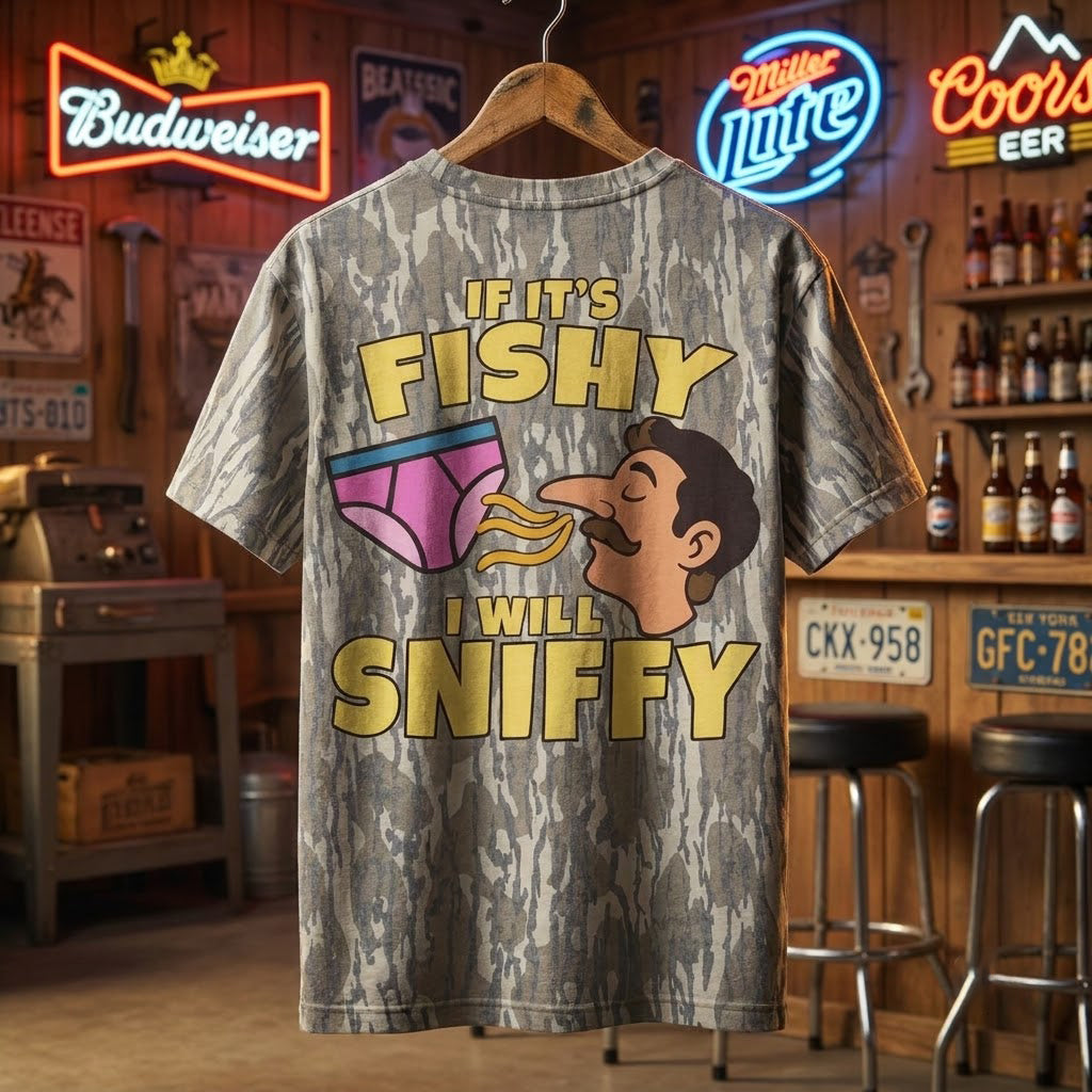 "If It's Fishy I Will Sniffy" Funny Retro Humor Camo T-Shirt