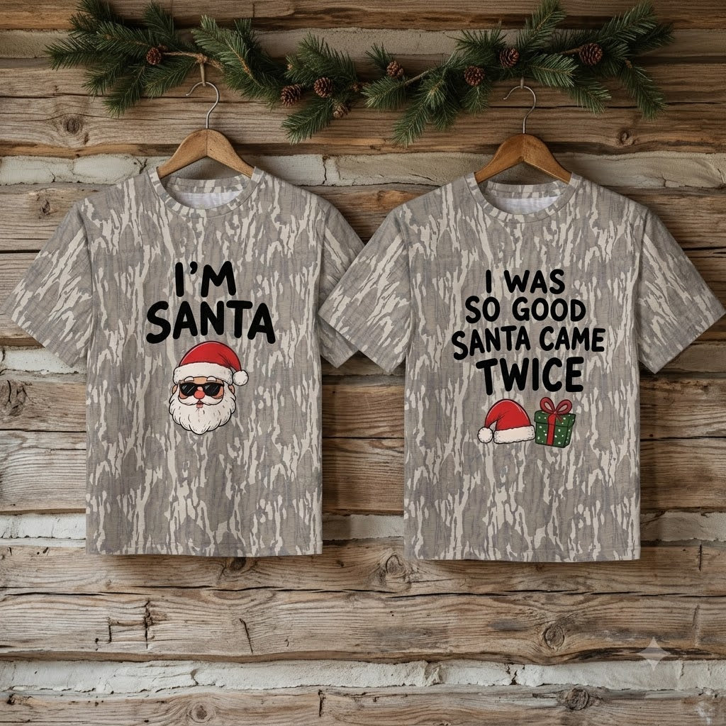 Funny "I Was So Good Santa Came Twice" Couples Christmas Camo T-Shirts