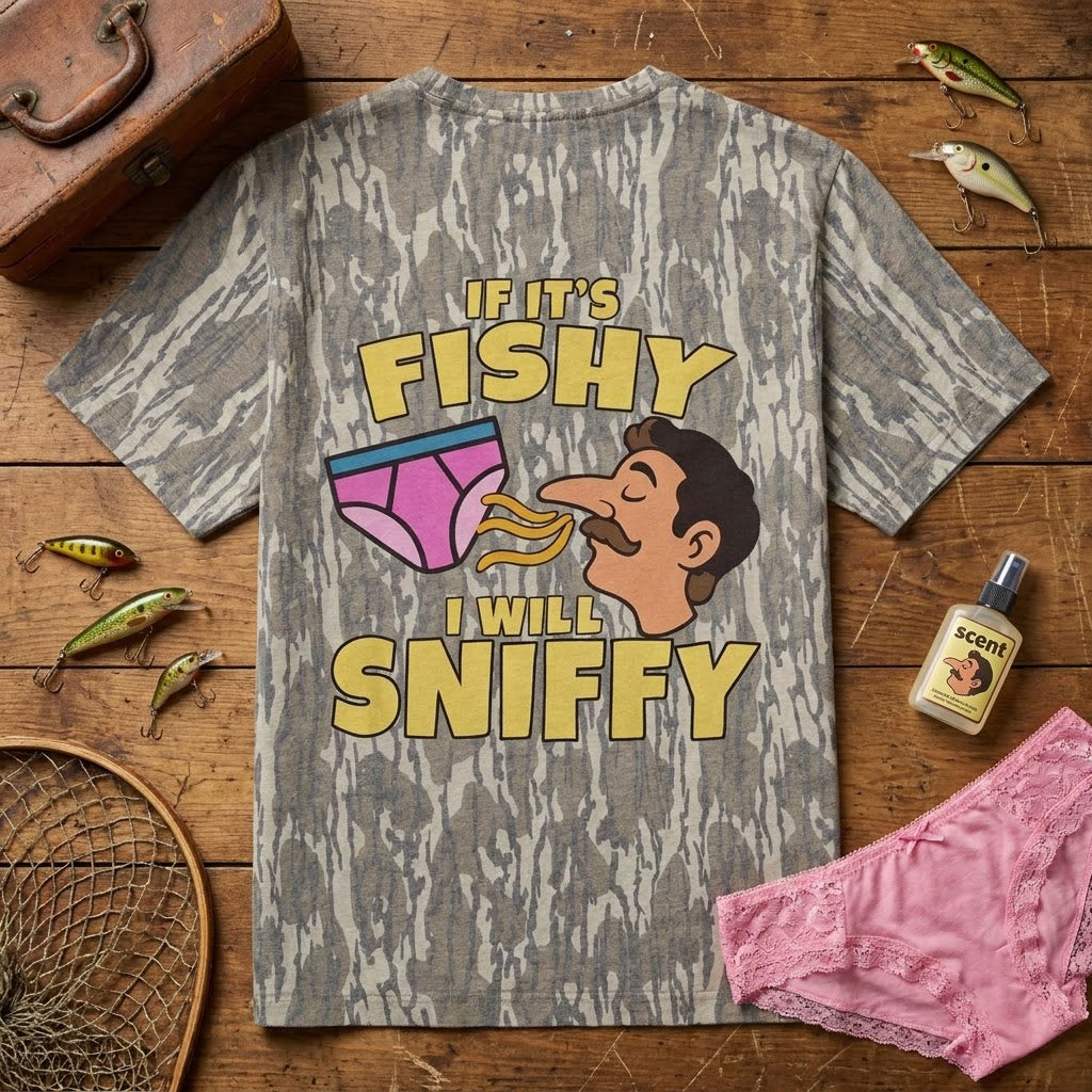 "If It's Fishy I Will Sniffy" Funny Retro Humor Camo T-Shirt