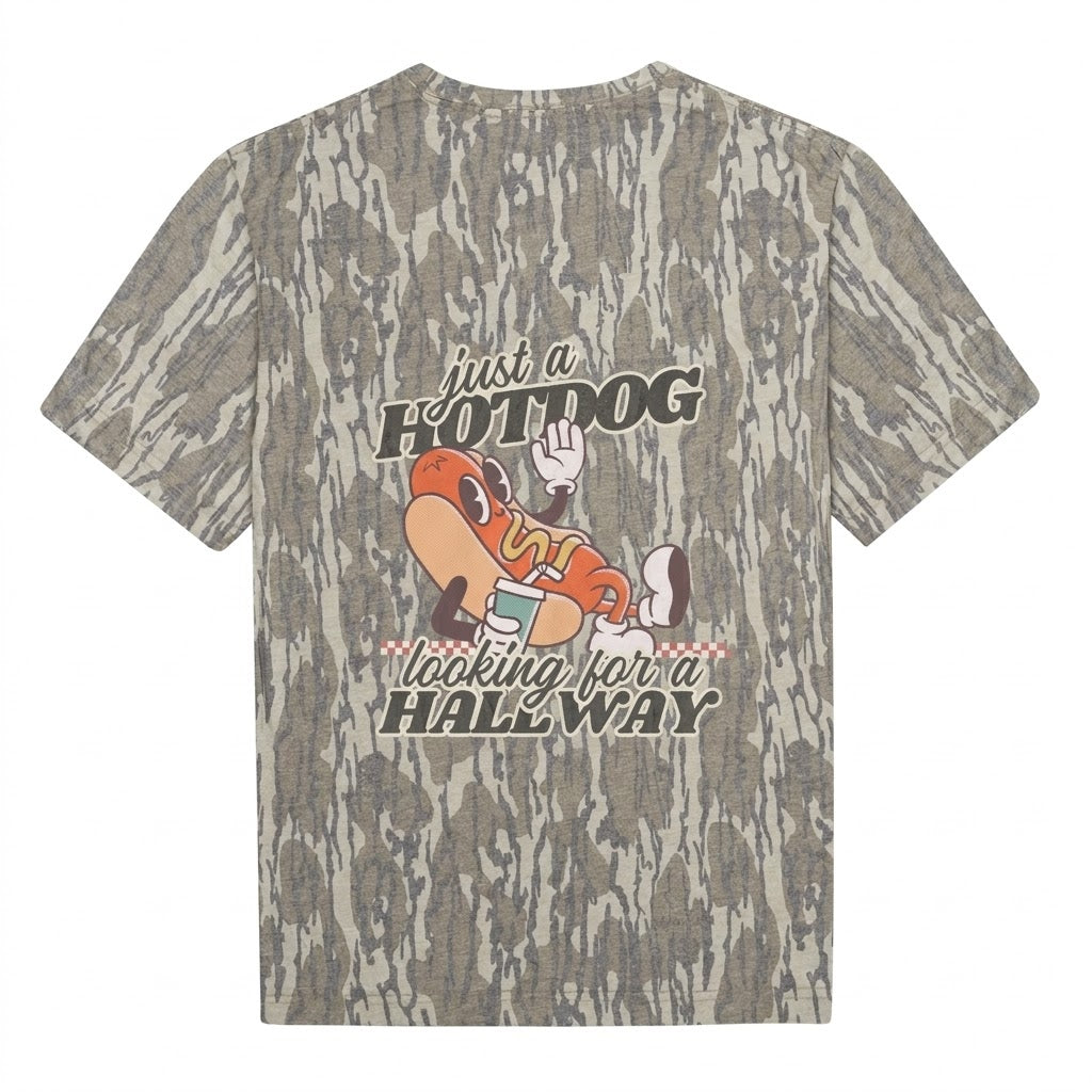 "Just a Hotdog Looking for a Hallway" Retro Camo T-Shirt