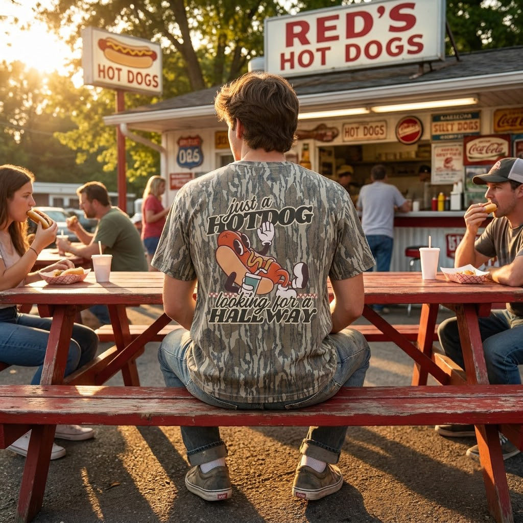 "Just a Hotdog Looking for a Hallway" Retro Camo T-Shirt
