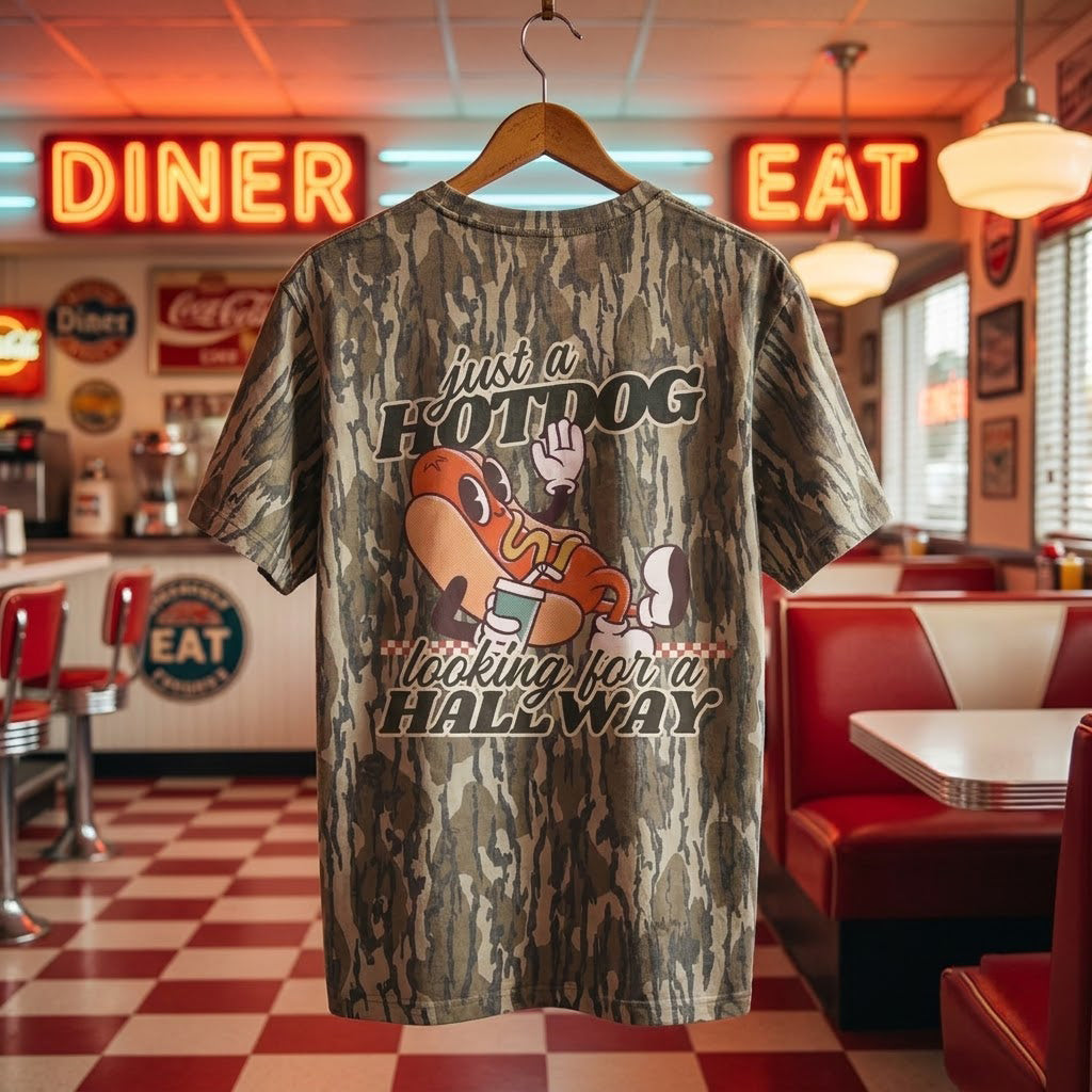 "Just a Hotdog Looking for a Hallway" Retro Camo T-Shirt