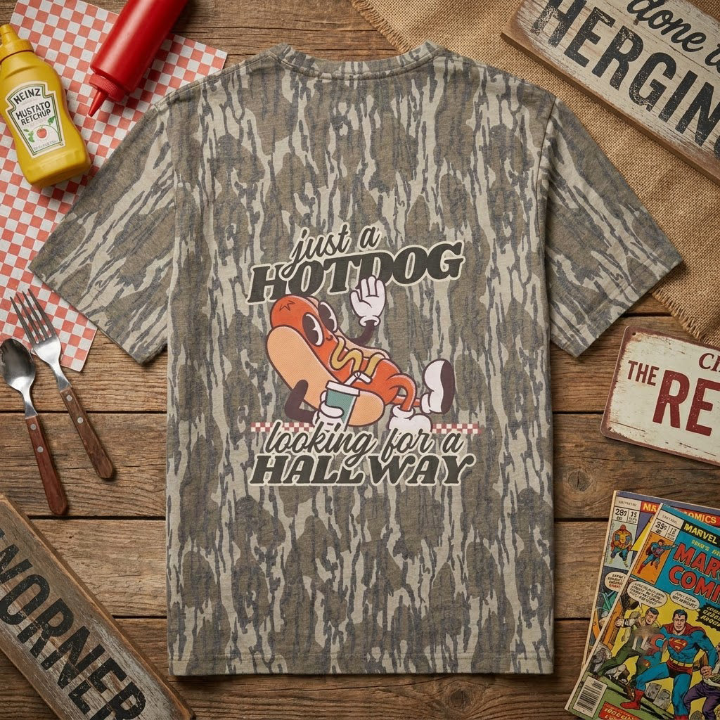 "Just a Hotdog Looking for a Hallway" Retro Camo T-Shirt