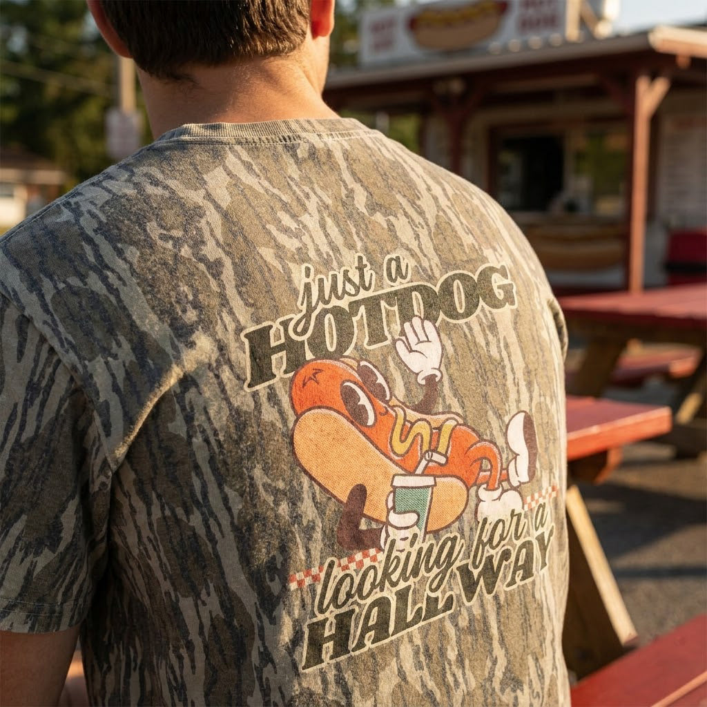 "Just a Hotdog Looking for a Hallway" Retro Camo T-Shirt