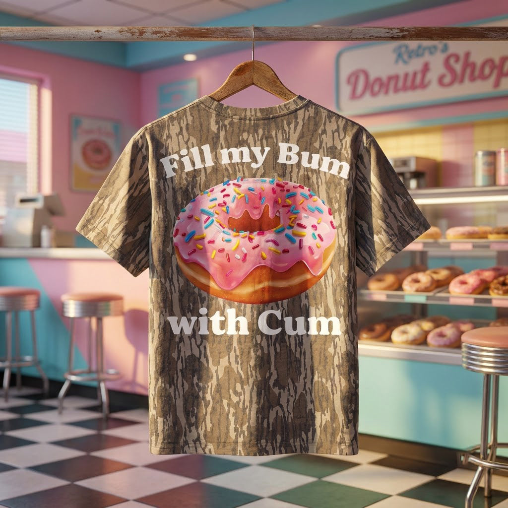 "Fill My Bum..." Explicit Pink Donut NSFW Camo Graphic T-Shirt