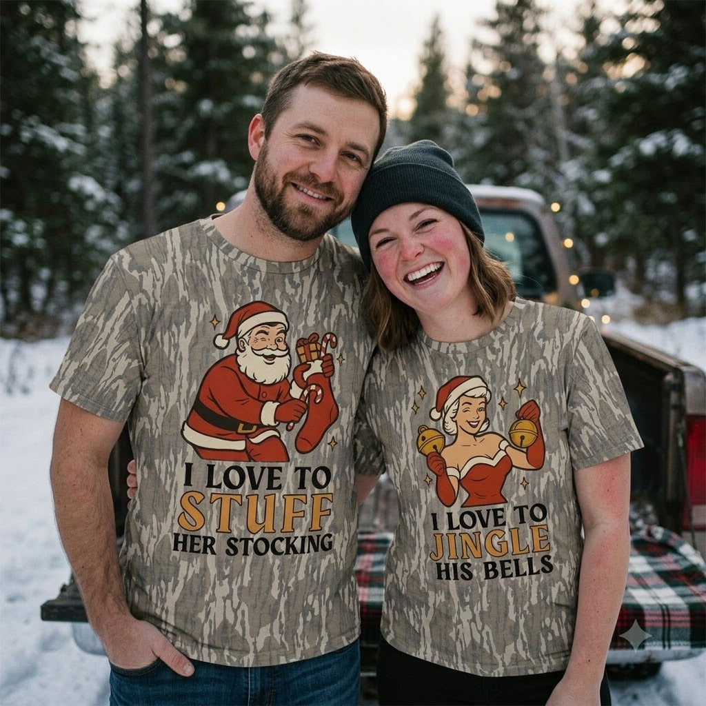 Naughty Christmas Couples Matching Camo T-Shirts - Stuff Her Stocking & Jingle His Bells Tees
