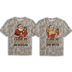 Naughty Christmas Couples Matching Camo T-Shirts - Stuff Her Stocking & Jingle His Bells Tees