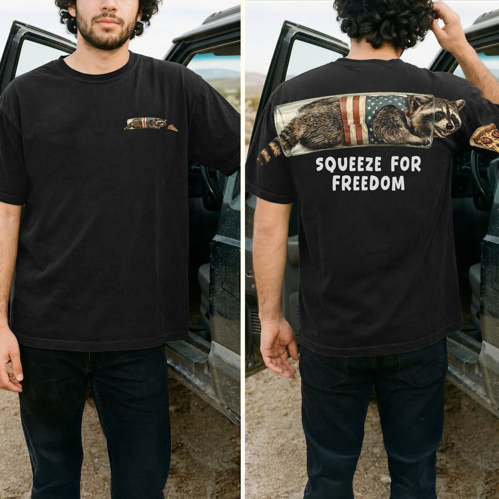Squeeze For Freedom American Flag Raccoon 250th 4th of July Apparel T-Shirt-Sweatshirt-Hoodie