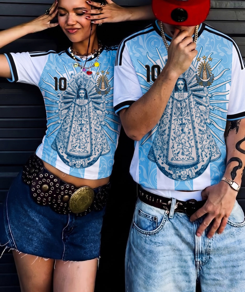 Classic Albiceleste Argentina soccer jersey number 10 with Virgen de Lujan design on front and back by Dripvity