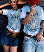 Classic Albiceleste Argentina soccer jersey number 10 with Virgen de Lujan design on front and back by Dripvity