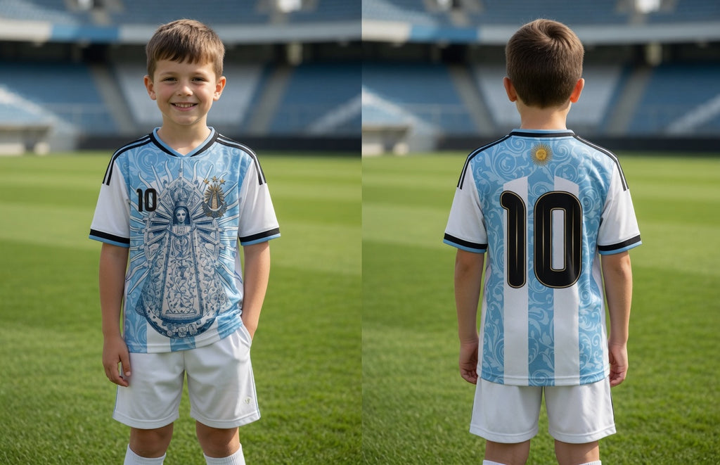 Classic Albiceleste Argentina soccer jersey number 10 with Virgen de Lujan design on front and back by Dripvity