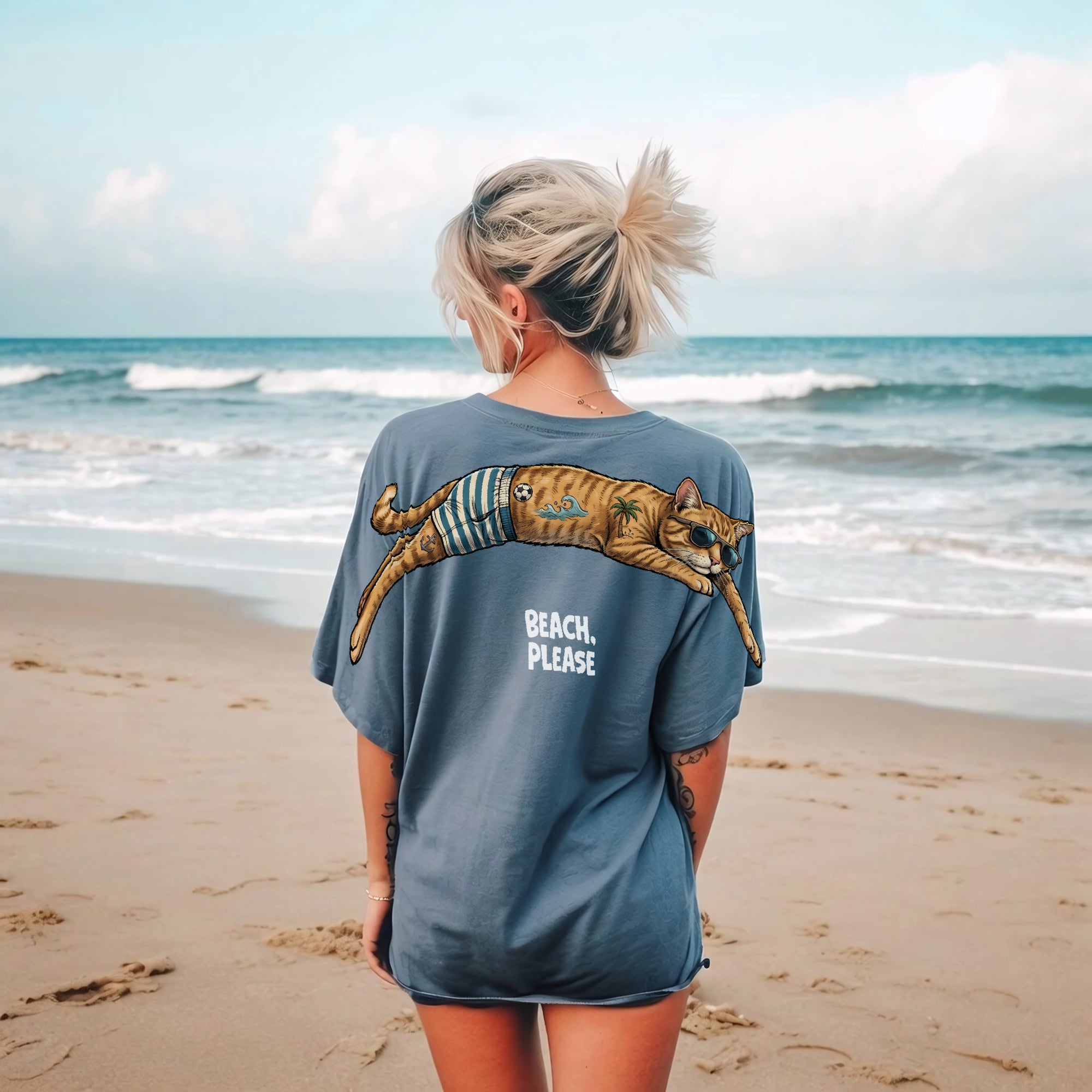 Beach Please T-Shirt Funny Beach Cat Graphic Tee By Dripvity