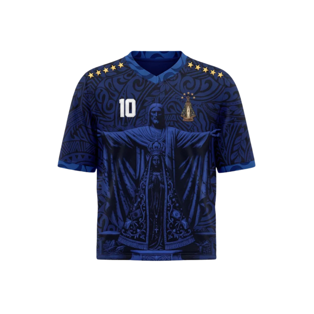 Amazonia Blue Brazil Soccer Jersey Number 10 Virgen de Aparecida By Dripvity