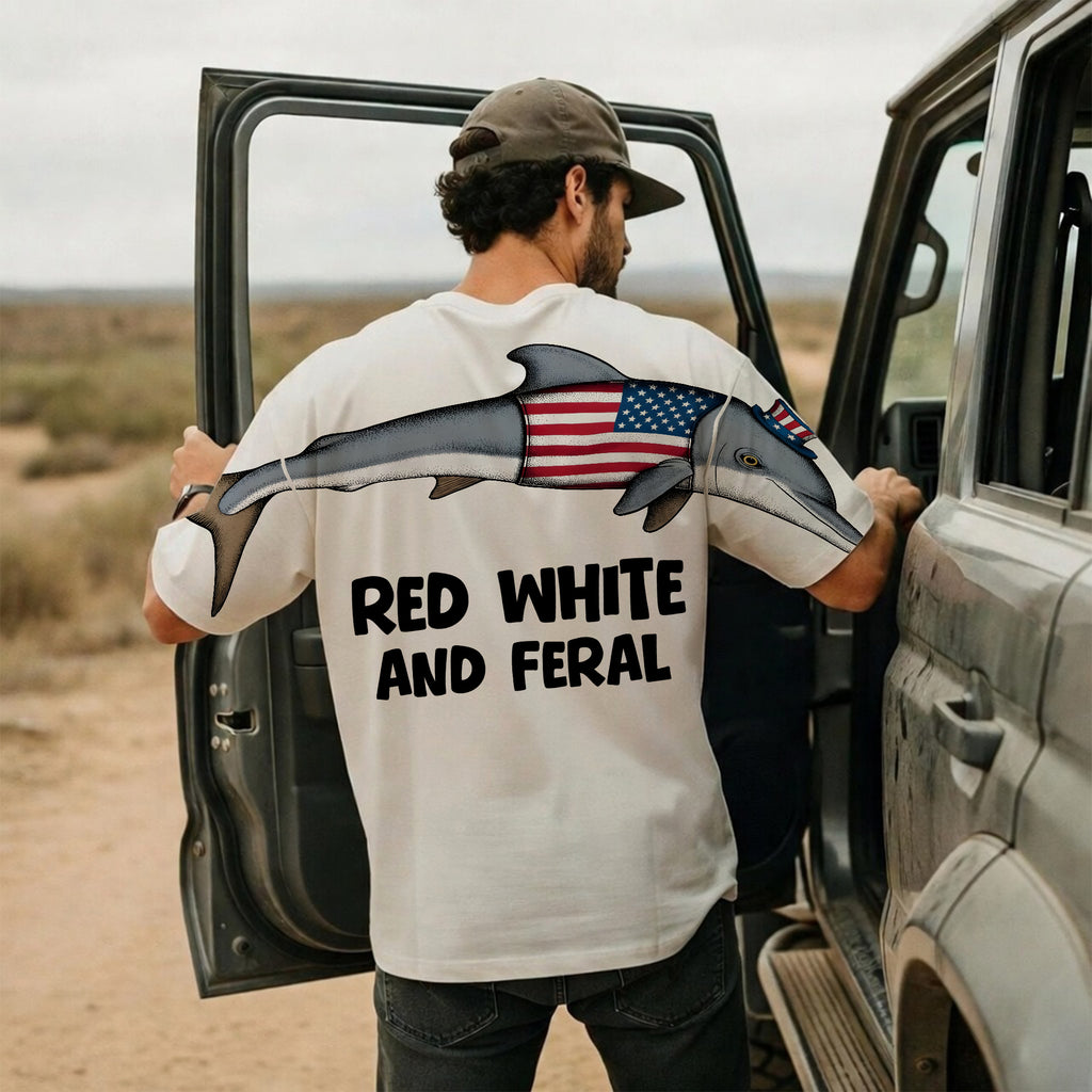 Patriotic Dolphin Red White And Feral 4th of July America 250th Apparel T-Shirt-Sweatshirt-Hoodie