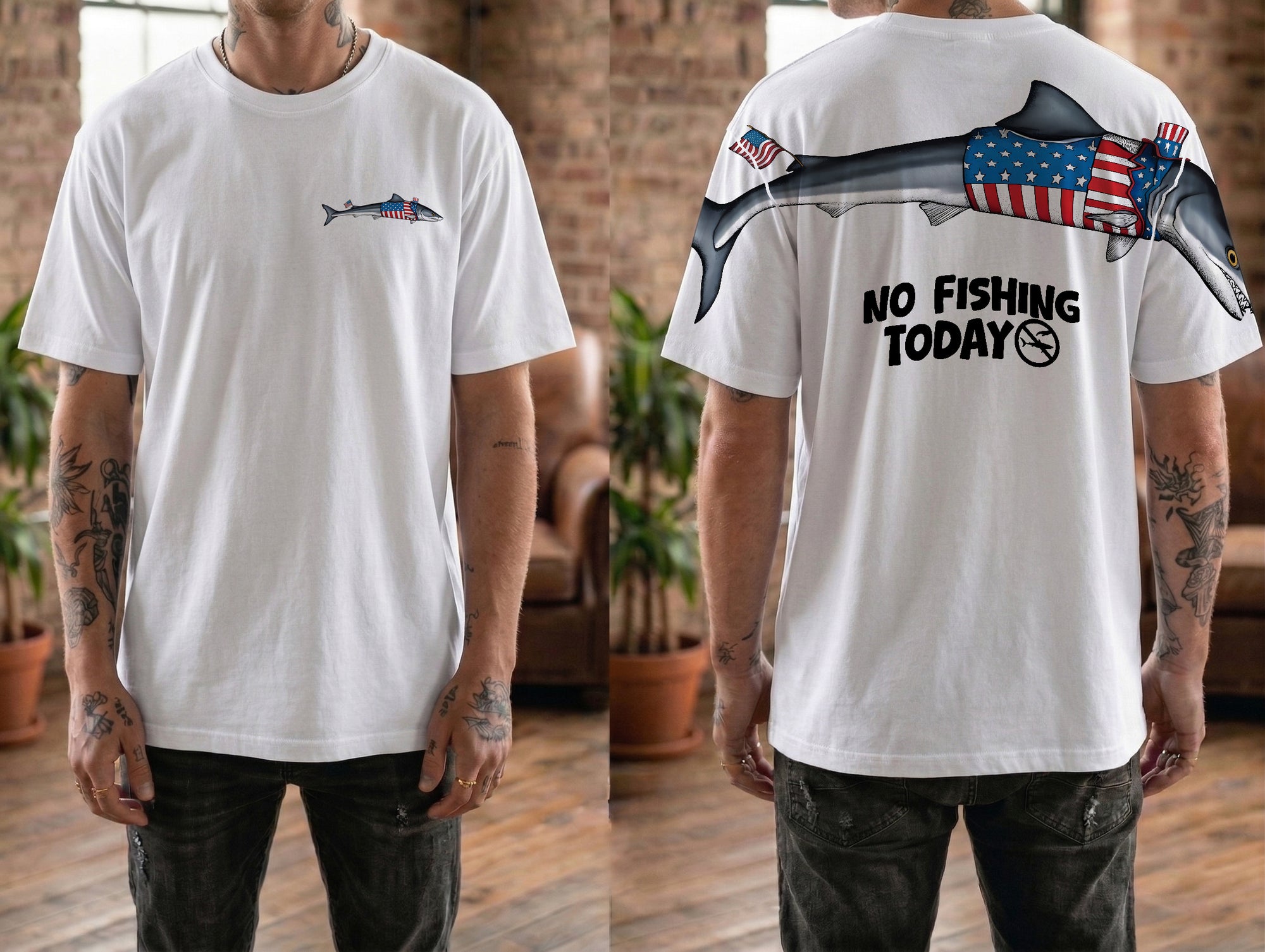 Funny USA Shark No Fishing Today 4th of July America 250th Apparel T-Shirt-Sweatshirt-Hoodie