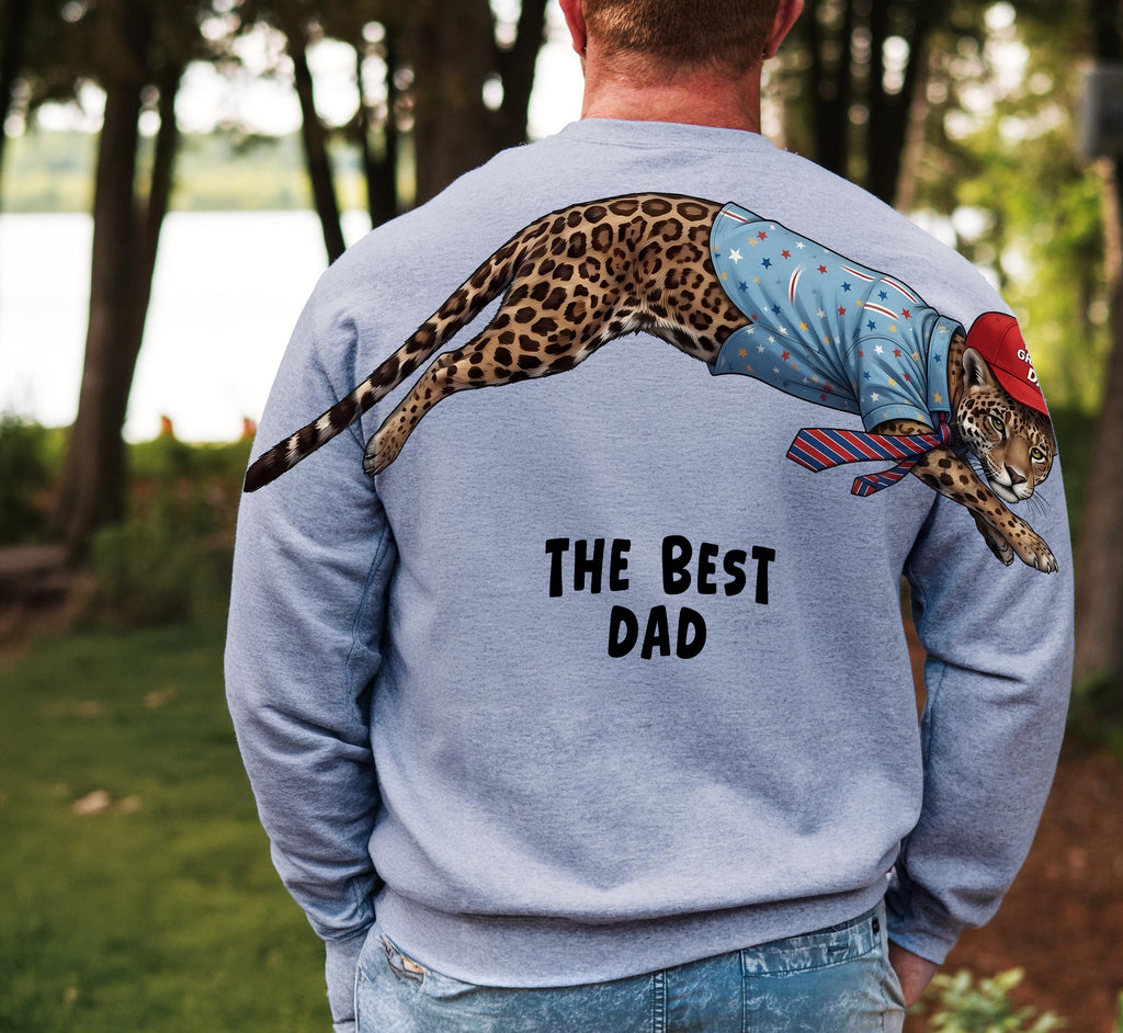 Worlds Greatest Dad jaguar graphic tee funny fathers day by Dripvity, unisex oversized white t-shirt with leaping jaguar wearing cap design