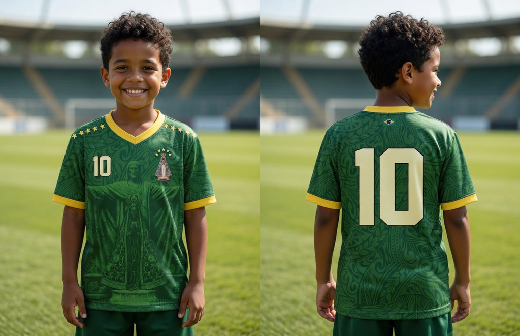 Favela Night Brazil soccer jersey number 10 with Virgen de Aparecida design on front and back by Dripvity
