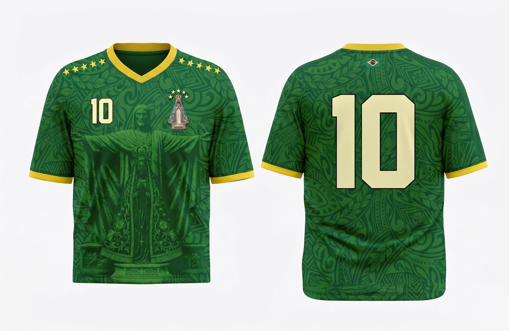 Favela Night Brazil soccer jersey number 10 with Virgen de Aparecida design on front and back by Dripvity