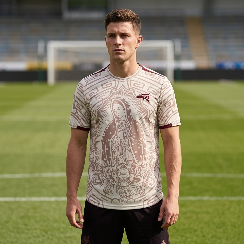 Beige Mexico Guadalupe Soccer Jersey 2026 Our Lady of Guadalupe Graphic Edition By Dripvity