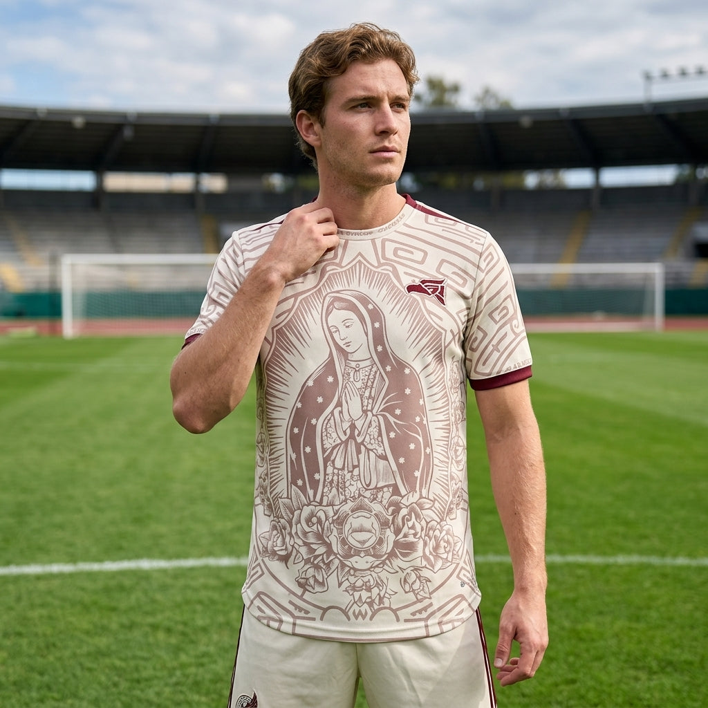 Beige Mexico Guadalupe Soccer Jersey 2026 Our Lady of Guadalupe Graphic Edition By Dripvity