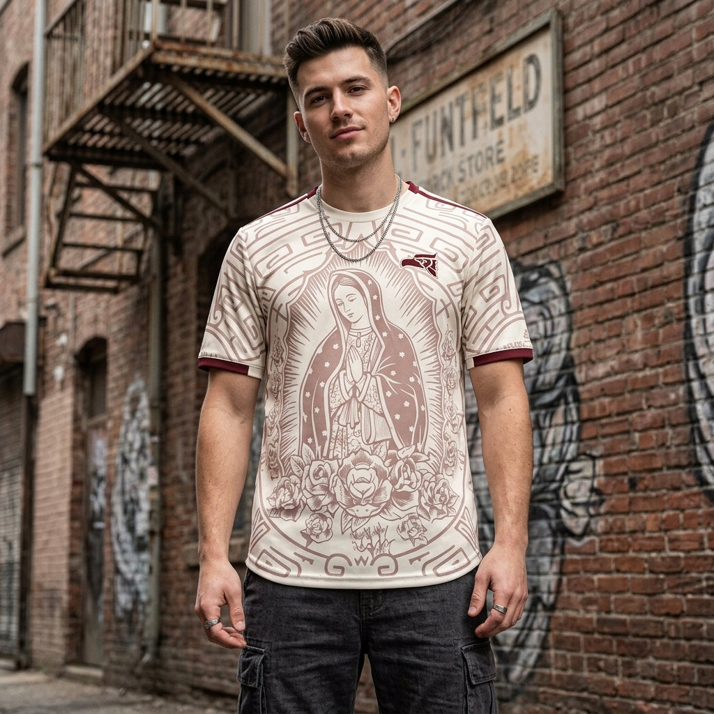 Beige Mexico Guadalupe Soccer Jersey 2026 Our Lady of Guadalupe Graphic Edition By Dripvity