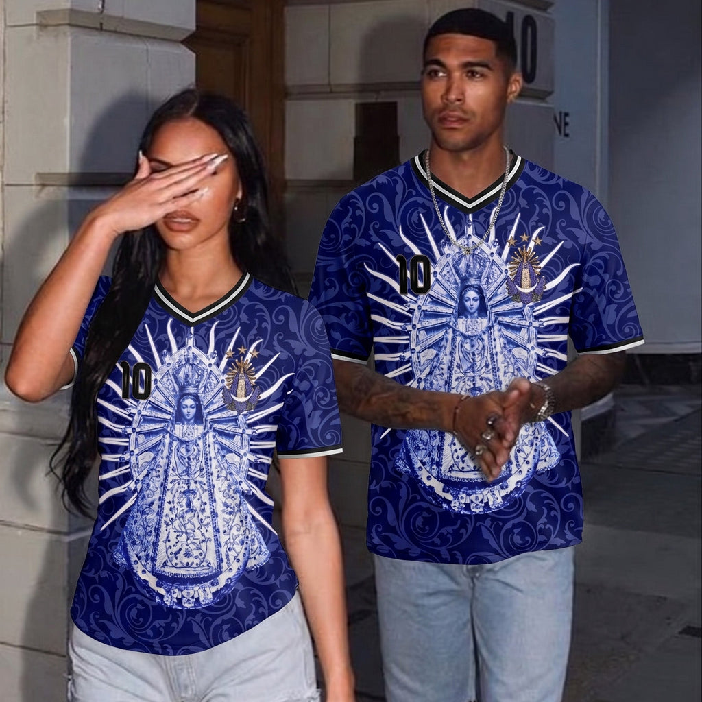 Midnight Navy Argentina soccer jersey number 10 with Virgen de Lujan design on front and back by Dripvity
