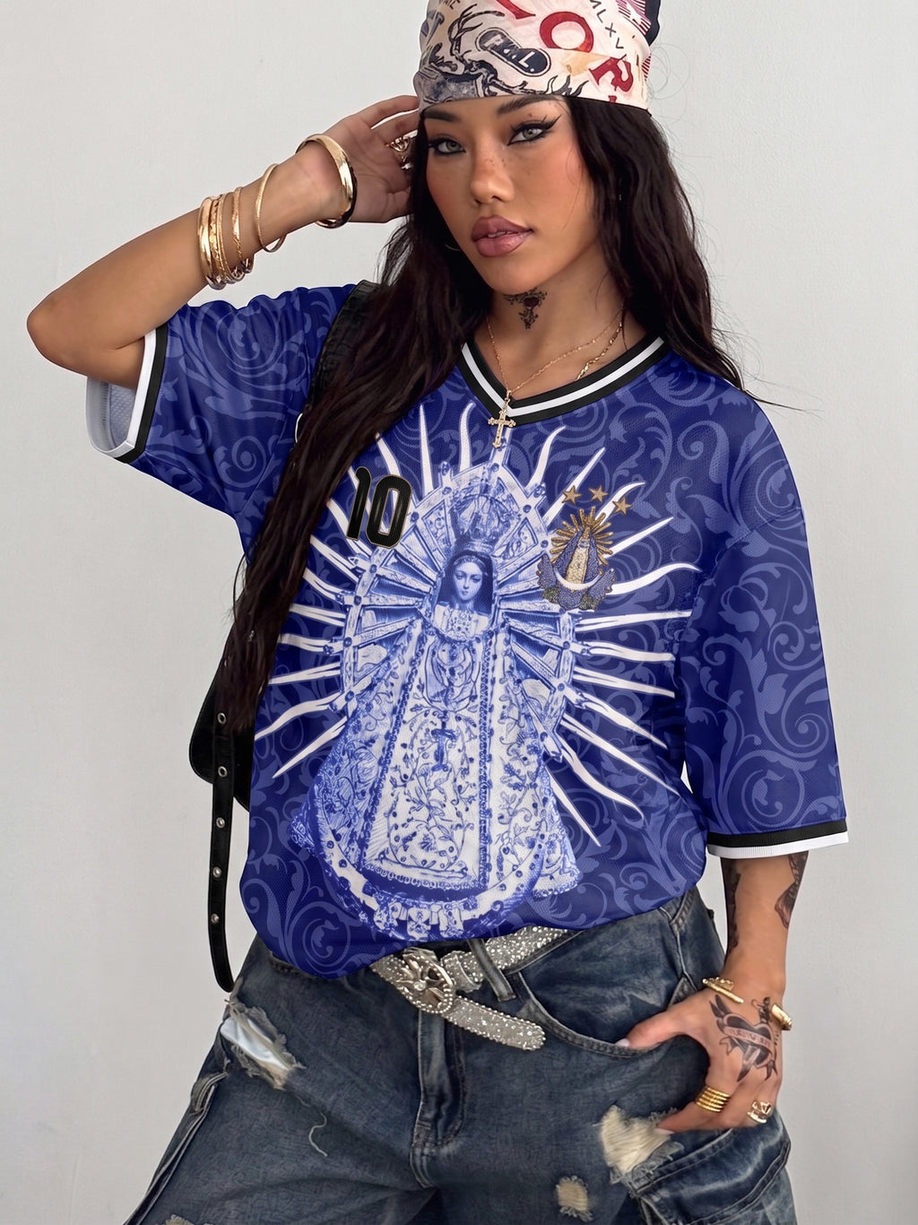 Midnight Navy Argentina soccer jersey number 10 with Virgen de Lujan design on front and back by Dripvity