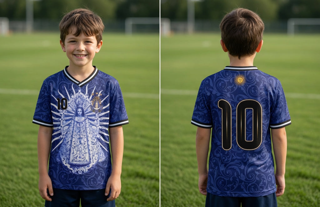 Midnight Navy Argentina soccer jersey number 10 with Virgen de Lujan design on front and back by Dripvity
