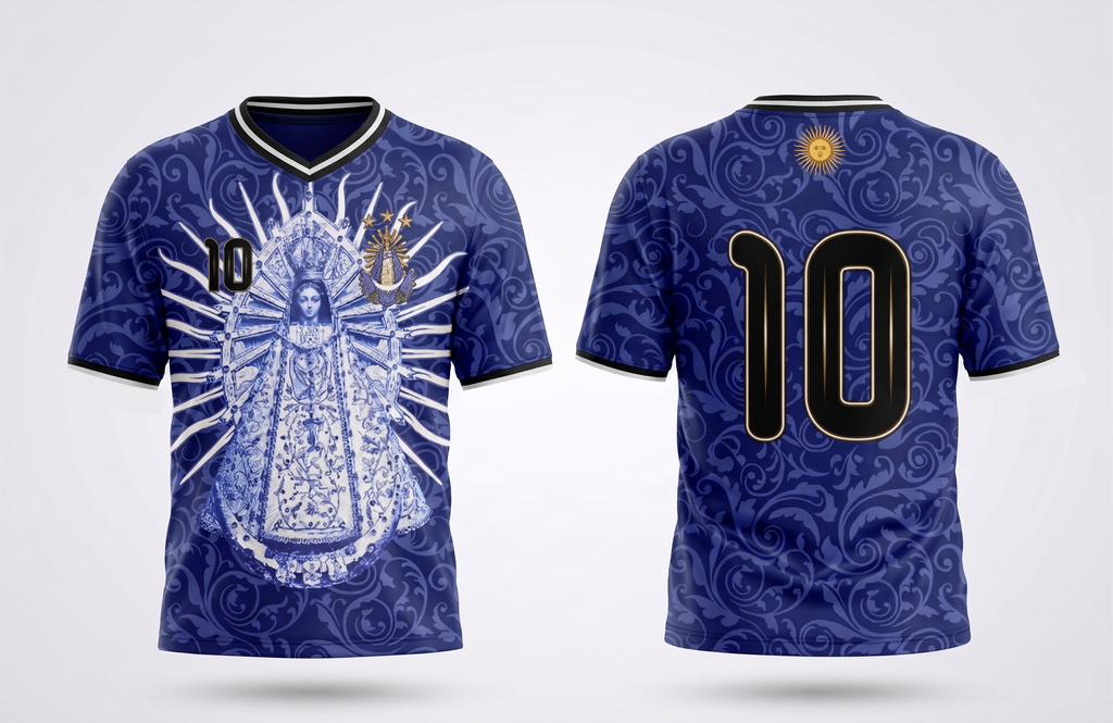 Midnight Navy Argentina soccer jersey number 10 with Virgen de Lujan design on front and back by Dripvity