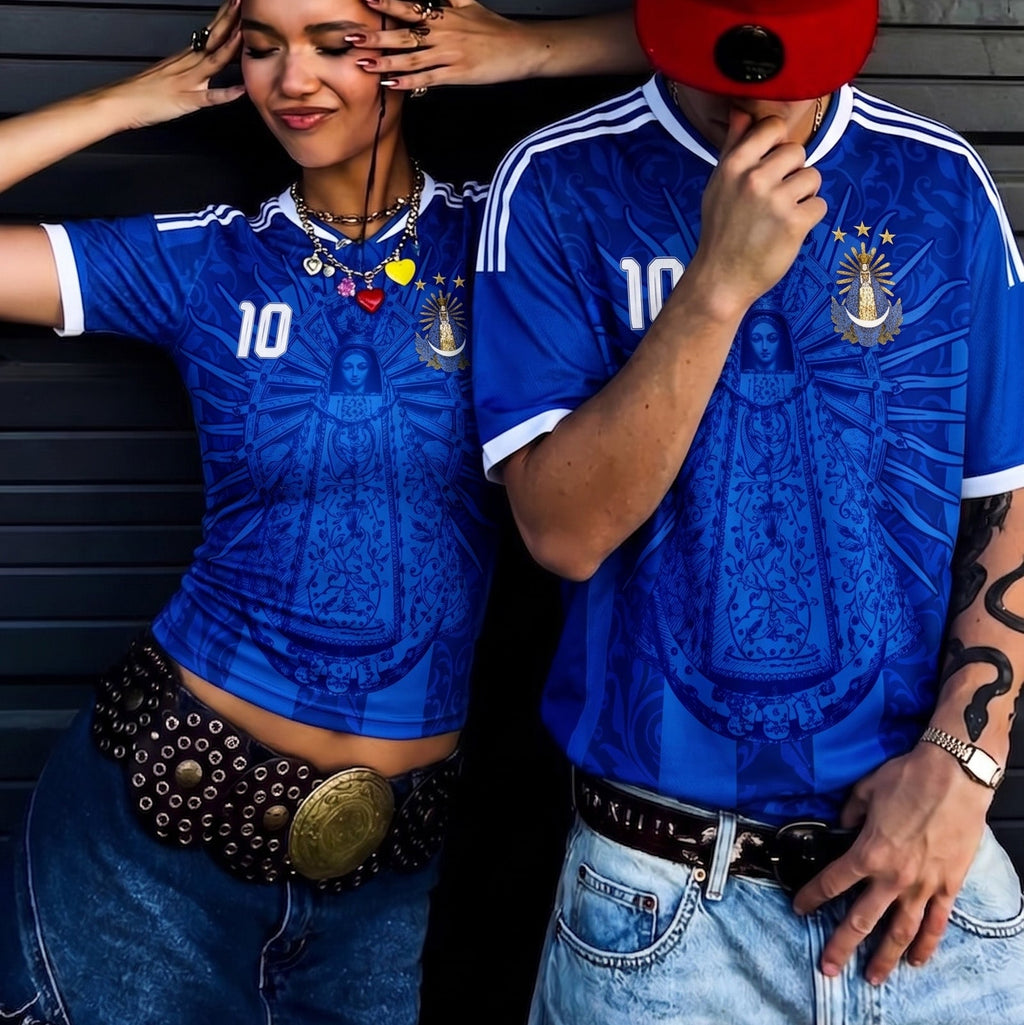 Royal Blue Argentina soccer jersey number 10 with Virgen de Lujan design on front and back by Dripvity