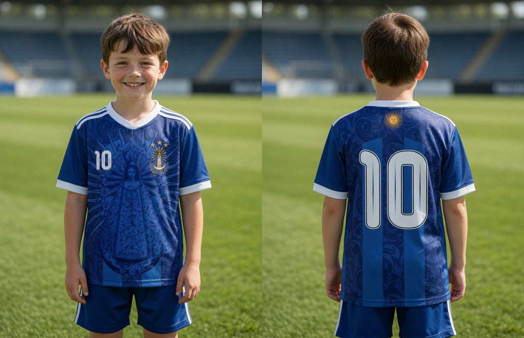 Royal Blue Argentina soccer jersey number 10 with Virgen de Lujan design on front and back by Dripvity