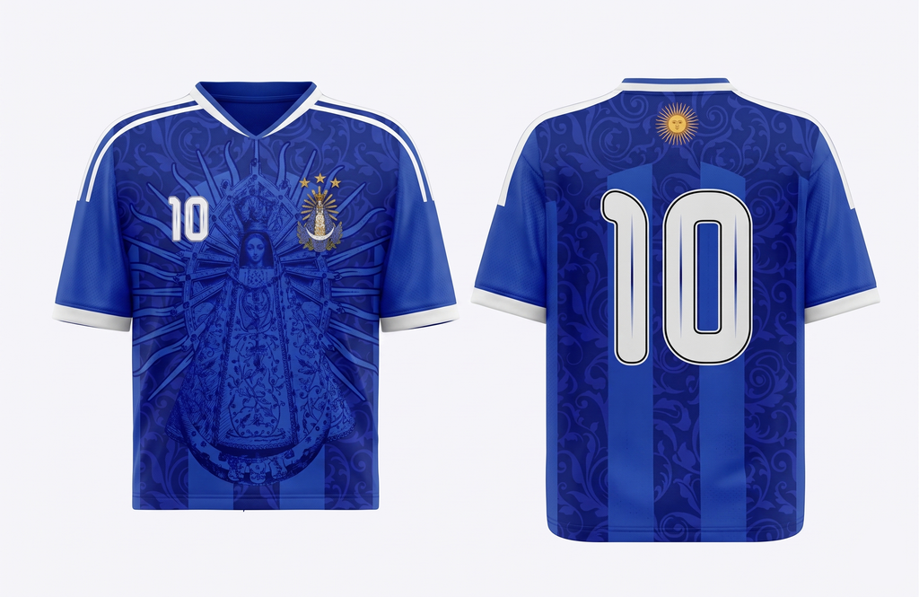 Royal Blue Argentina soccer jersey number 10 with Virgen de Lujan design on front and back by Dripvity