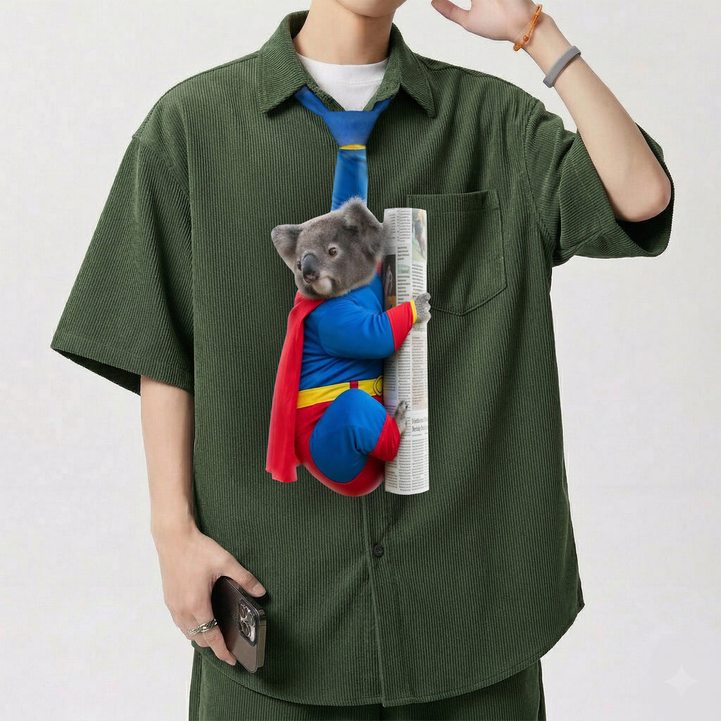 The Super Koala Man Tie, Funny Australian Animal Necktie For Dad, Blue Suit Hero Tie