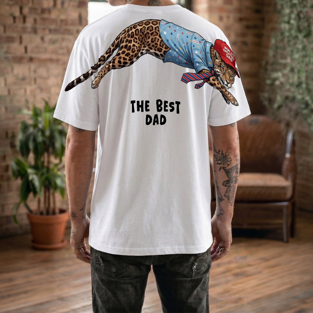 Worlds Greatest Dad jaguar graphic tee funny fathers day by Dripvity, unisex oversized white t-shirt with leaping jaguar wearing cap design