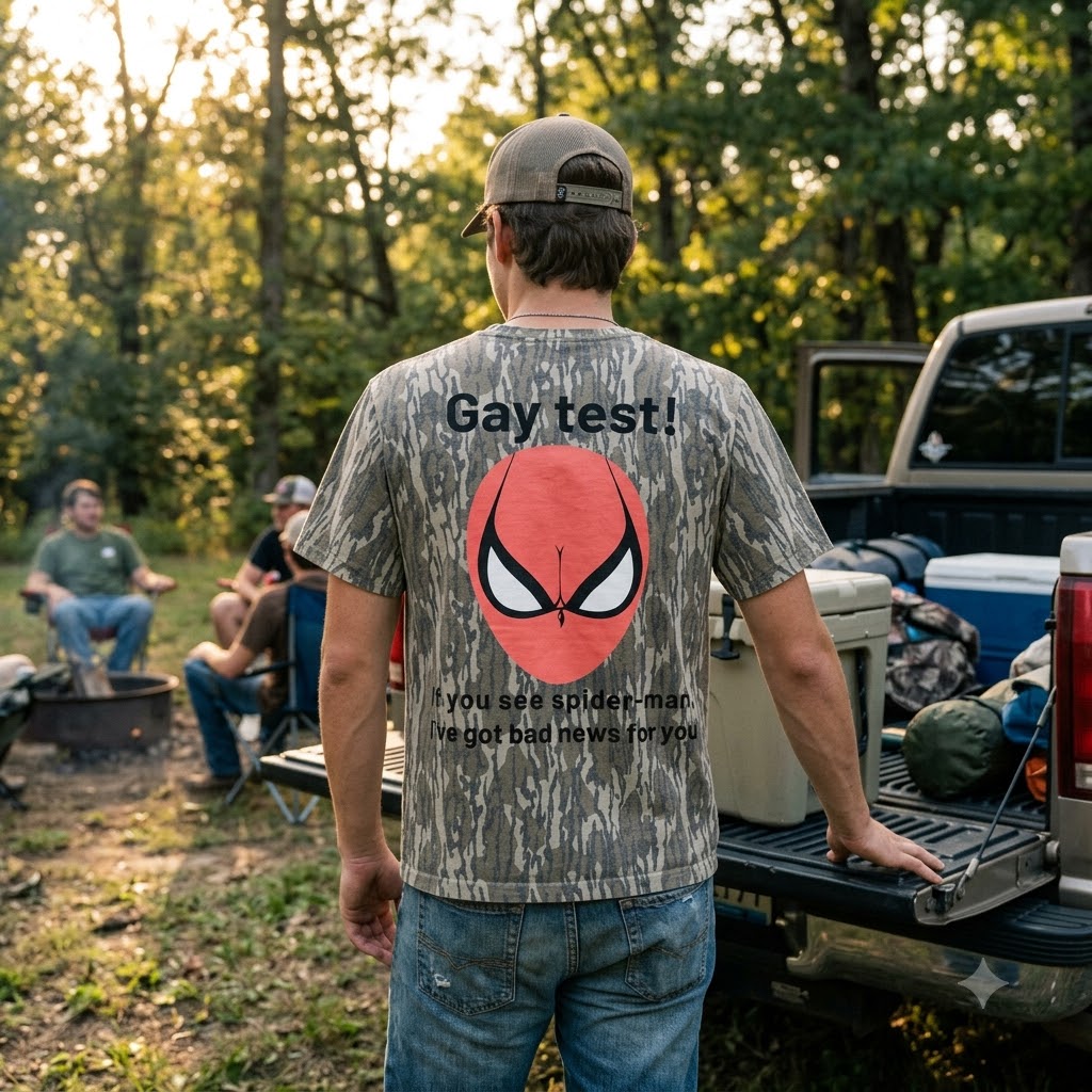 Funny Spider-Man Gay Test Camouflage Graphic Tee - Adult Humor Meme Men's T-Shirt