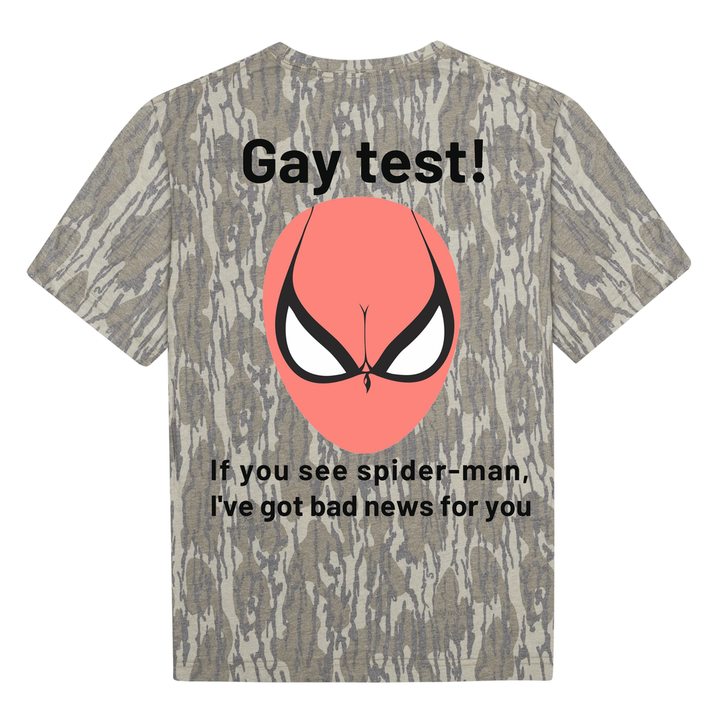 Funny Spider-Man Gay Test Camouflage Graphic Tee - Adult Humor Meme Men's T-Shirt