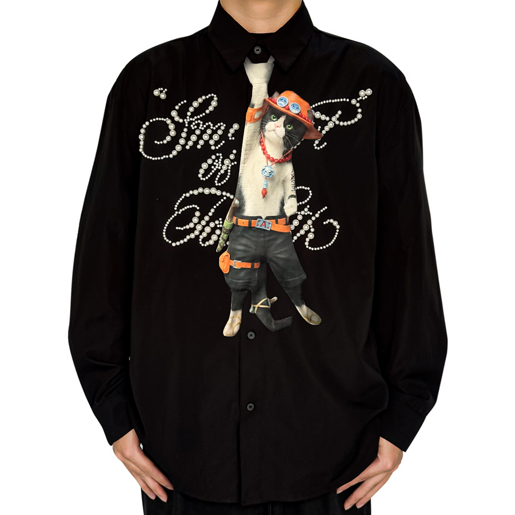 Novelty necktie featuring a creative illustration of a tuxedo cat cosplaying as Portgas D. Ace from One Piece, wearing his iconic orange cowboy hat and necklace, a fun and unique fashion accessory for anime fans