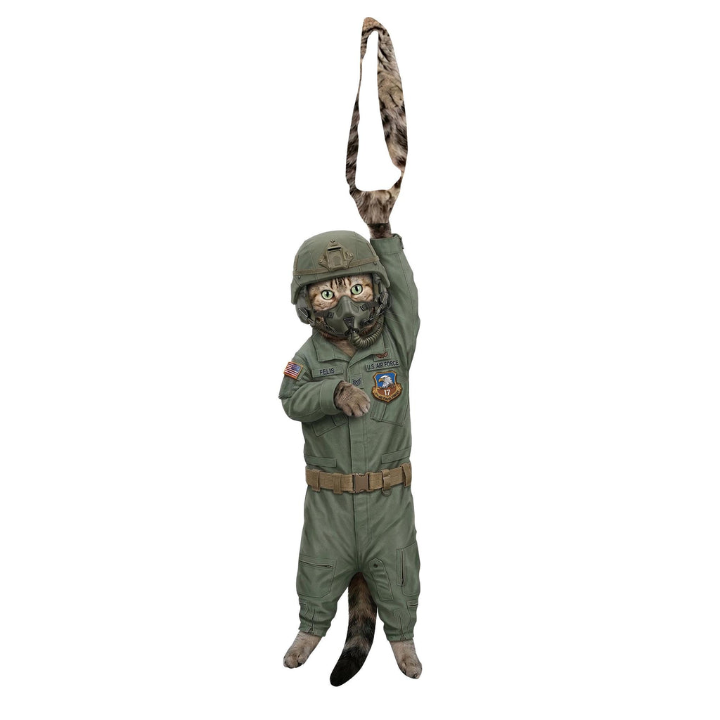 Novelty necktie featuring a tabby cat dressed in a U.S. Air Force pilot flight suit, complete with a flight helmet and oxygen mask