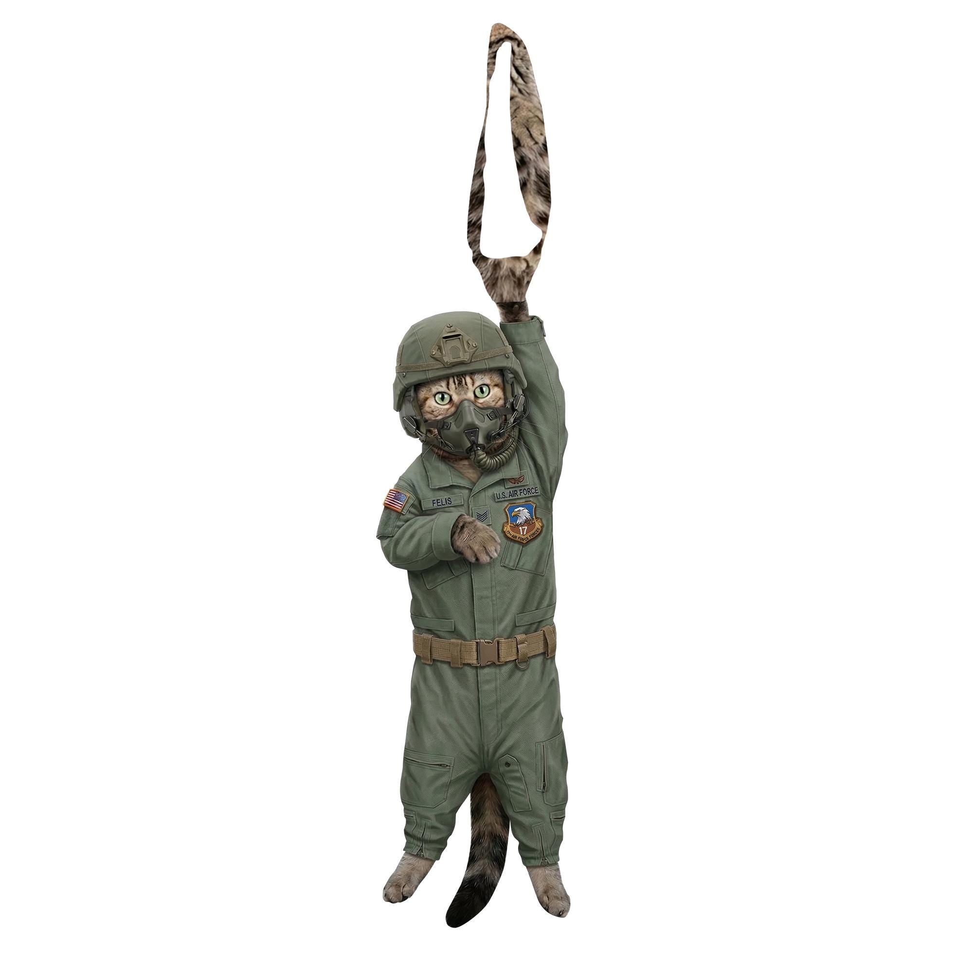 Novelty necktie featuring a tabby cat dressed in a U.S. Air Force pilot flight suit, complete with a flight helmet and oxygen mask