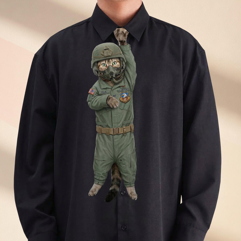 Novelty necktie featuring a tabby cat dressed in a U.S. Air Force pilot flight suit, complete with a flight helmet and oxygen mask