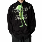 Novelty necktie featuring a unique green alien design, a fun and eye-catching fashion accessory.