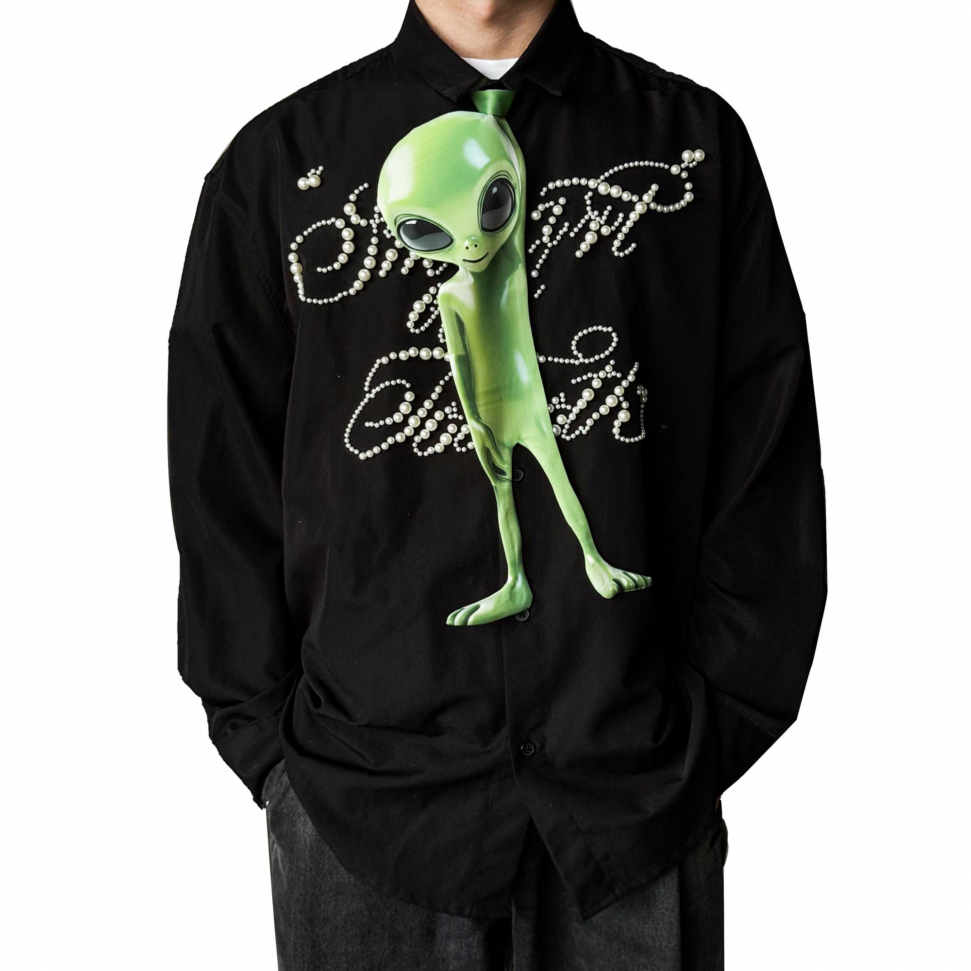 Novelty necktie featuring a unique green alien design, a fun and eye-catching fashion accessory.