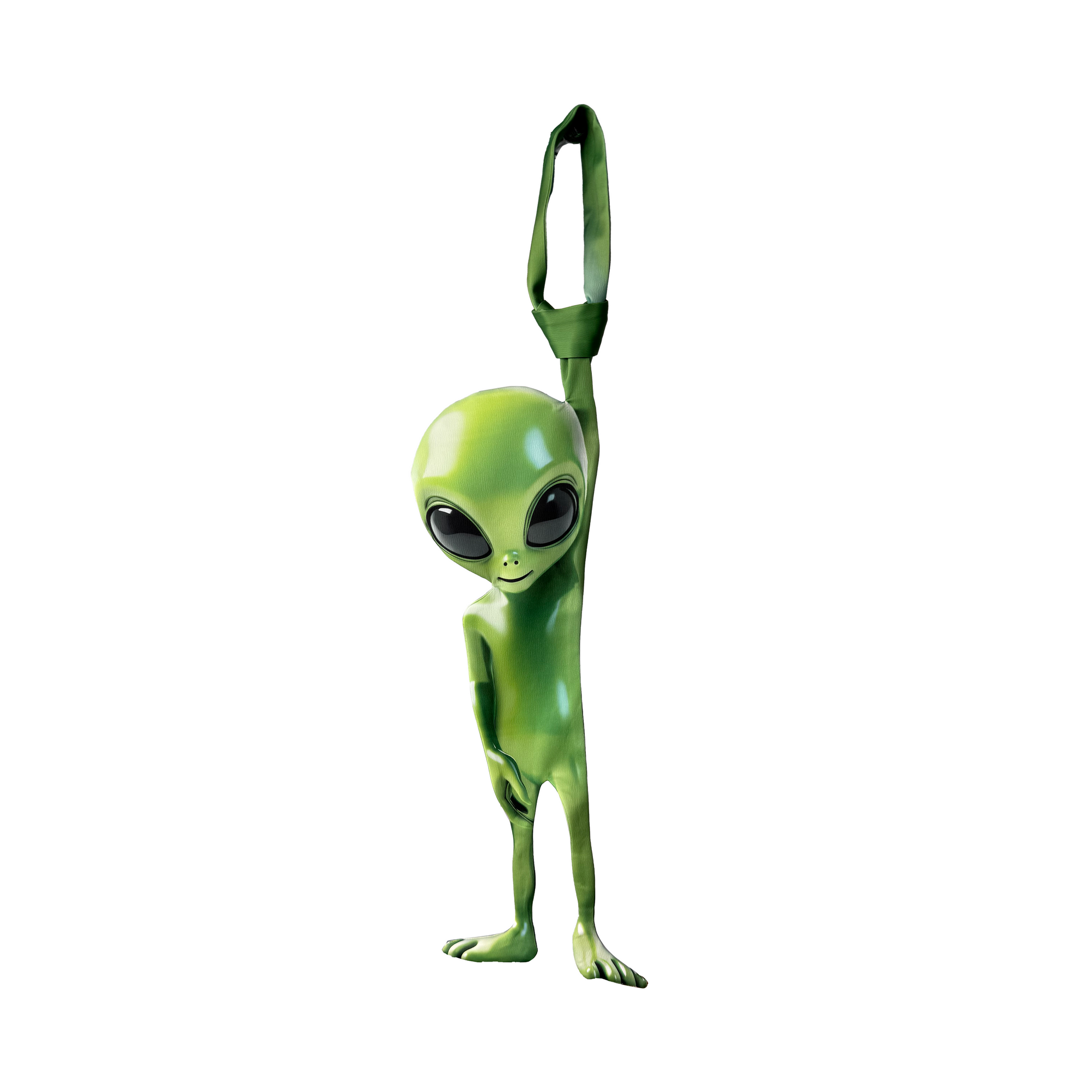 Novelty necktie featuring a unique green alien design, a fun and eye-catching fashion accessory.
