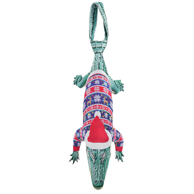 Novelty Christmas tie featuring an alligator wearing a Santa hat and holiday sweater, fun animal-themed festive accessory.